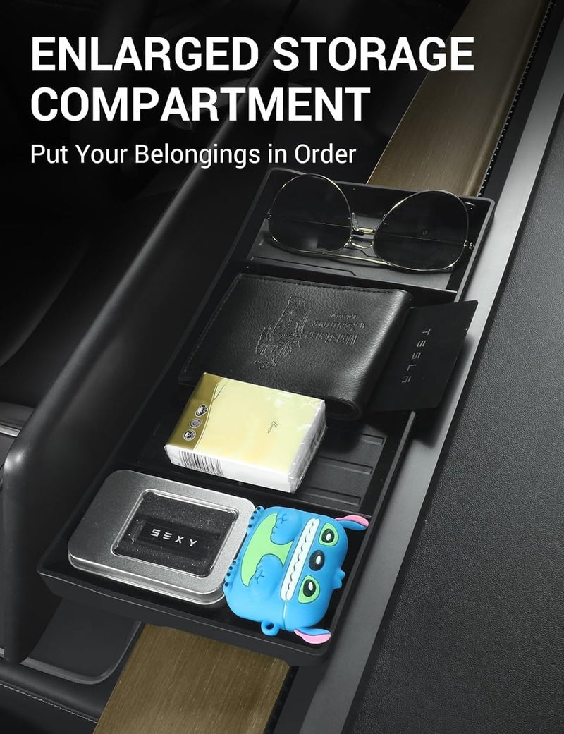 Basenor Tesla Model Y Model 3 Center Console Behind Screen Storage Box, (Proprietary Design) Dashboard Hidden Organizer Tray Sunglasses Holder for 2017-2023 Model 3 2020-2024 Model Y - Image 3